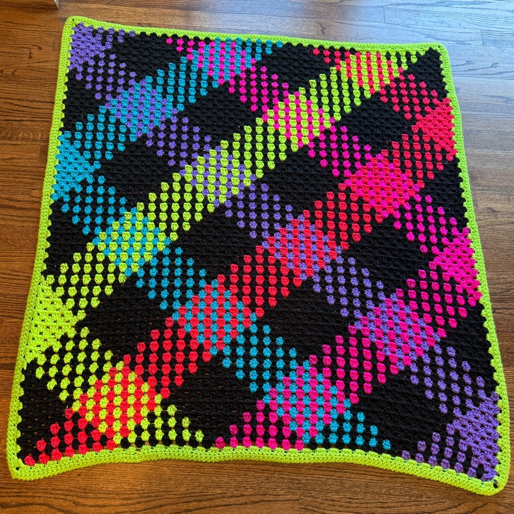 STUNNING Hand CROCHET neon blanket throw 41x44